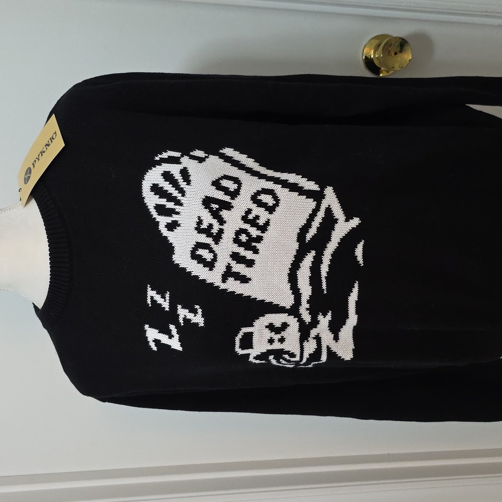 NWT Dead Tired Coffee Knit Tombstone Unique Halloween Sweater - Picture 2 of 13